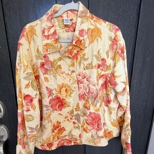 Yellow Orange Pink Red Rose Linen Trucker Jacket - Coldwater Creek - XL